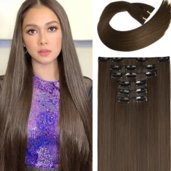 Clip in Hair Extensions 6Pcs 16 Clips Curly Wavy Straight Thick Clip on Synthetic Hair Extension Hairpieces (24 Inch Deep Brown with Dirty Blonde - Straight)