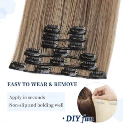 Clip in Hair Extensions 6Pcs 16 Clips Curly Wavy Straight Thick Clip on Synthetic Hair Extension Hairpieces (24 Inch Deep Brown with Dirty Blonde - Straight)