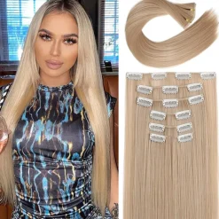 Clip in Hair Extensions 6Pcs 16 Clips Curly Wavy Straight Thick Clip on Synthetic Hair Extension Hairpieces (24 Inch Deep Brown with Dirty Blonde - Straight)