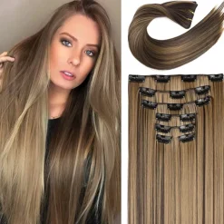 Clip in Hair Extensions 6Pcs 16 Clips Curly Wavy Straight Thick Clip on Synthetic Hair Extension Hairpieces (24 Inch Deep Brown with Dirty Blonde - Straight)