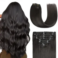 Clip in Hair Extensions Real Human Hair Natural Black Human Hair Extensions Clip ins 20 Inch Double Weft Straight 1b Clip in Human Hair Extensions #1B Color 8Pcs 120g