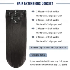 Clip in Hair Extensions Real Human Hair Natural Black Human Hair Extensions Clip ins 20 Inch Double Weft Straight 1b Clip in Human Hair Extensions #1B Color 8Pcs 120g