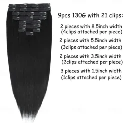 Clip in Hair Extensions Real Human Hair 9pcs 130g Jet Black Hair Extensions Straight Natural Soft Thick Remy Extensions Straight Clip in Hair Extensions Human Hair 22inch Jet Black Color