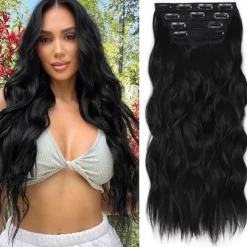 Clip in Long Wavy Synthetic Hair Extension 24 Inch Black 4PCS Thick Hairpieces Fiber Double Weft Hair for Women