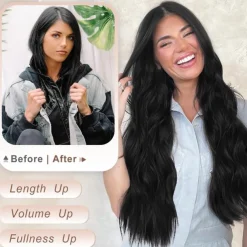 Clip in Long Wavy Synthetic Hair Extension 24 Inch Black 4PCS Thick Hairpieces Fiber Double Weft Hair for Women