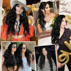 Clip in Long Wavy Synthetic Hair Extension 24 Inch Black 4PCS Thick Hairpieces Fiber Double Weft Hair for Women