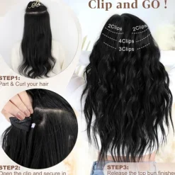 Clip in Long Wavy Synthetic Hair Extension 24 Inch Black 4PCS Thick Hairpieces Fiber Double Weft Hair for Women