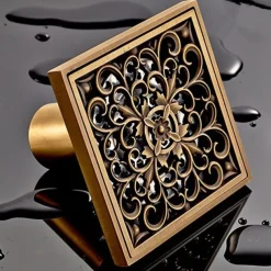 10cm Brass Bathroom Floor Drain, Art Carved Flower Pattern Square Shower Sink Drain Strainer Cover Grate Drain with Removable Cover for Hotel Home