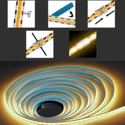 COB LED Light Strip Stepless Dimming16.4ft 5m, LED Rope Light Bendable Band Light, CRI 80 60W Suitable for High-end Lighting DC12V DC24V