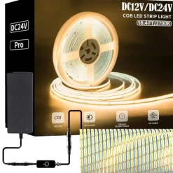 COB LED Light Strip Stepless Dimming16.4ft 5m, LED Rope Light Bendable Band Light, CRI 80 60W Suitable for High-end Lighting DC12V DC24V