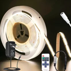 COB LED Light Strip with RF11 Key Remote Control 16.4ft Adjustable Ultra Bright Warm White Natural Light White COB Light Strip DIY Self-adhesive Indoor Suitable for Living Rooms Shelves Cabinet
