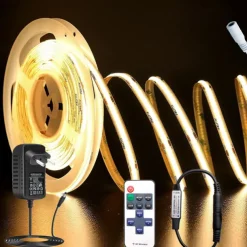 COB LED Light Strip with RF11 Key Remote Control 16.4ft Adjustable Ultra Bright Warm White Natural Light White COB Light Strip DIY Self-adhesive Indoor Suitable for Living Rooms Shelves Cabinet
