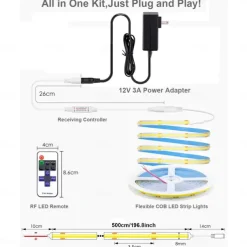 COB LED Light Strip with RF11 Key Remote Control 16.4ft Adjustable Ultra Bright Warm White Natural Light White COB Light Strip DIY Self-adhesive Indoor Suitable for Living Rooms Shelves Cabinet