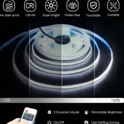 COB LED Light Strip with RF11 Key Remote Control 16.4ft Adjustable Ultra Bright Warm White Natural Light White COB Light Strip DIY Self-adhesive Indoor Suitable for Living Rooms Shelves Cabinet