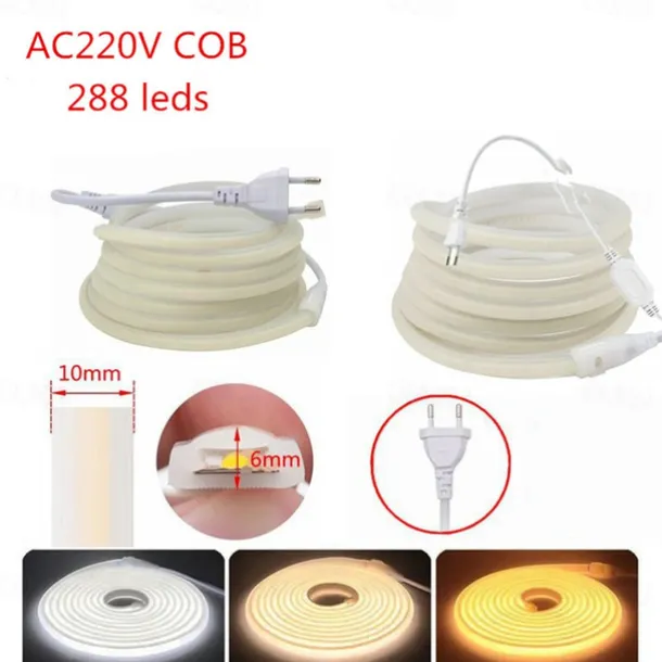 COB LED Strip 288 LEDs/m 220V EU Plug RA90 COB Outdoor Neon Sign Tape White Natural Pink Red For Kitchen Lighting