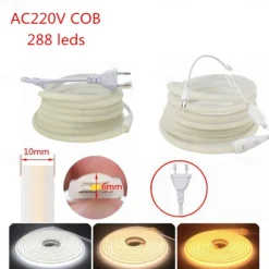 COB LED Strip Light 288 LEDs/m, RA 90 High Brightness Strip Light, 3000K/4000K/6000K Flexible LED Tape for Bedroom, Kitchen, Home Decor-220V EU Plug