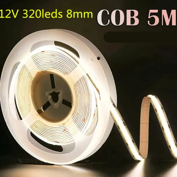 COB LED Strip Light 5M DC 12V 320 LEDs, 8MM High Density Linear Lighting Flexible Tape Ribbon Lights RA90 for Warm/Natural White Home Decor