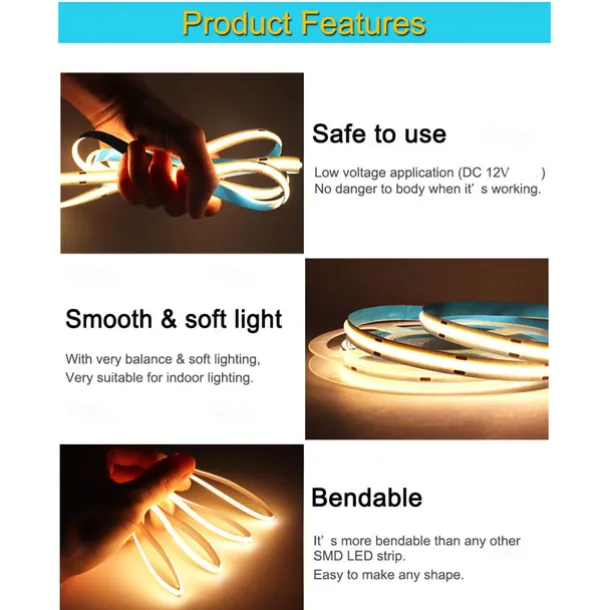 COB LED Strip Light 5M DC 12V 320 LEDs, 8MM High Density Linear Lighting Flexible Tape Ribbon Lights RA90 for Warm/Natural White Home Decor