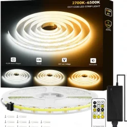 COB LED Strip Light White CCT 608LED/M Ultra Bright 10-33 ft Dimmable 2700K-6500K 24V LED Strip with RF Controller and Power Supply Suitable for DIY Lighting of Cabinets Bedrooms Kitchens Mirrors