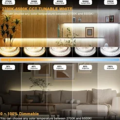 COB LED Strip Light White CCT 608LED/M Ultra Bright 10-33 ft Dimmable 2700K-6500K 24V LED Strip with RF Controller and Power Supply Suitable for DIY Lighting of Cabinets Bedrooms Kitchens Mirrors