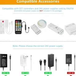 COB LED Strip Light White CCT 608LED/M Ultra Bright 10-33 ft Dimmable 2700K-6500K 24V LED Strip with RF Controller and Power Supply Suitable for DIY Lighting of Cabinets Bedrooms Kitchens Mirrors