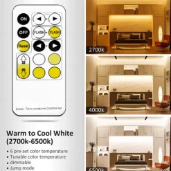 COB LED Strip Light White CCT 608LED/M Ultra Bright 10-33 ft Dimmable 2700K-6500K 24V LED Strip with RF Controller and Power Supply Suitable for DIY Lighting of Cabinets Bedrooms Kitchens Mirrors