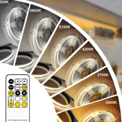 COB LED Strip Light White CCT 608LED/M Ultra Bright 10-33 ft Dimmable 2700K-6500K 24V LED Strip with RF Controller and Power Supply Suitable for DIY Lighting of Cabinets Bedrooms Kitchens Mirrors