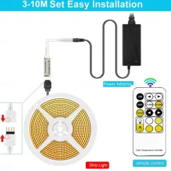COB LED Strip Light White CCT 608LED/M Ultra Bright 10-33 ft Dimmable 2700K-6500K 24V LED Strip with RF Controller and Power Supply Suitable for DIY Lighting of Cabinets Bedrooms Kitchens Mirrors