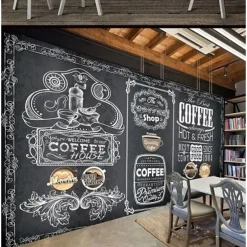 Coffee Cafe Mural Wallpaper Wall Sticker Covering Print Peel and Stick Self Adhesive Removable for Coffee Cafe Blackboard Canvas Home Décor Multiple Size