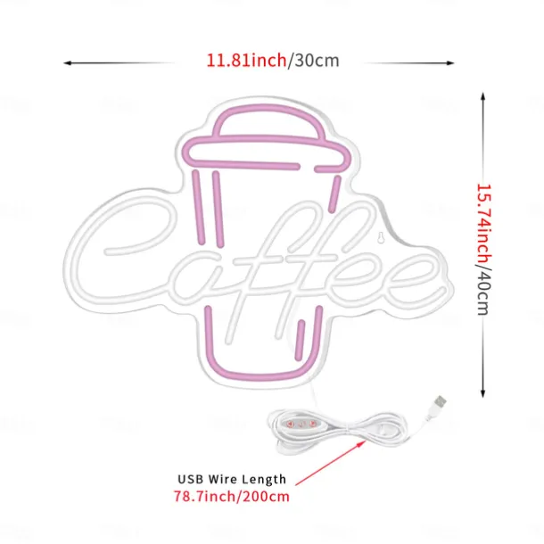 Coffee Neon Sign - Pink & White LED Neon Light for Cafe, Bar, Restaurant, USB Powered Wall Decor for Bedroom, Pub, Birthday Party
