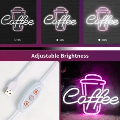 Coffee Neon Sign - Pink & White LED Neon Light for Cafe, Bar, Restaurant, USB Powered Wall Decor for Bedroom, Pub, Birthday Party