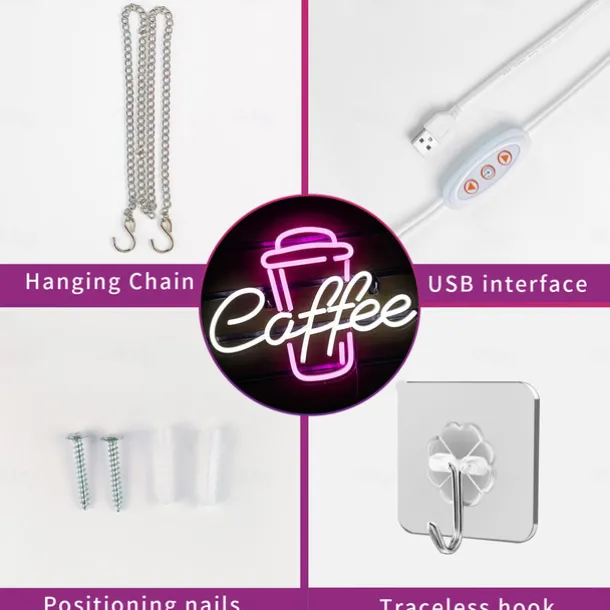 Coffee Neon Sign - Pink & White LED Neon Light for Cafe, Bar, Restaurant, USB Powered Wall Decor for Bedroom, Pub, Birthday Party