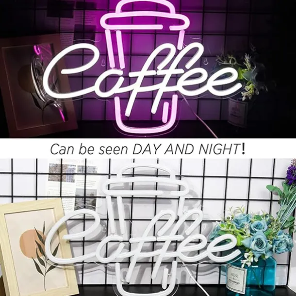 Coffee Neon Sign - Pink & White LED Neon Light for Cafe, Bar, Restaurant, USB Powered Wall Decor for Bedroom, Pub, Birthday Party