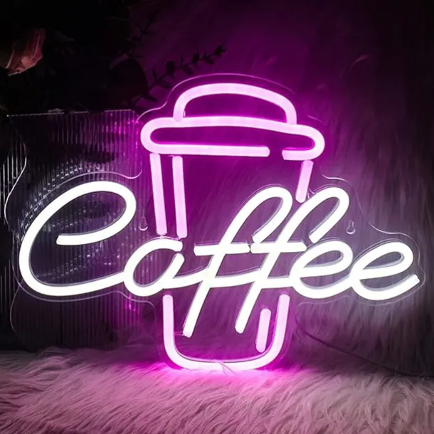Coffee Neon Sign - Pink & White LED Neon Light for Cafe, Bar, Restaurant, USB Powered Wall Decor for Bedroom, Pub, Birthday Party