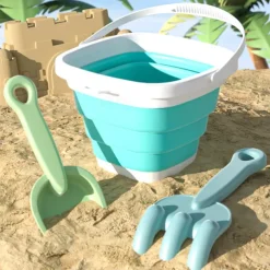 Collapsible Beach Sand Bucket 3 Packs Foldable Buckets Set with Shovels Collapsible Beach Toys for Kids Summer Sand Buckets for Kids Cruise Beach Essentials