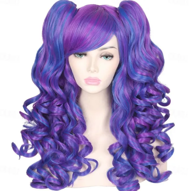 Color Ground Long Curly Cosplay Wig with 2 Ponytails Halloween Wigs