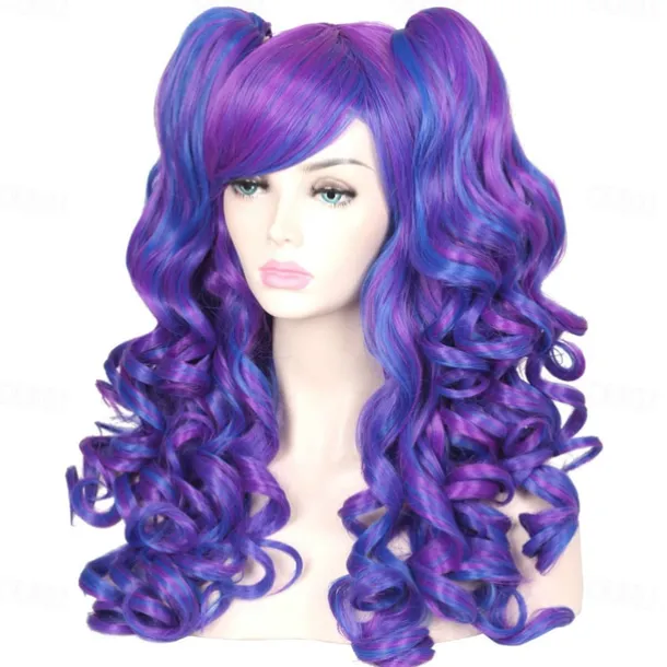 Color Ground Long Curly Cosplay Wig with 2 Ponytails Halloween Wigs