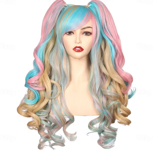 Color Ground Long Curly Cosplay Wig with 2 Ponytails Halloween Wigs