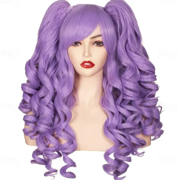 Color Ground Long Curly Cosplay Wig with 2 Ponytails Halloween Wigs