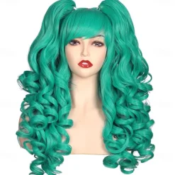 Color Ground Long Curly Cosplay Wig with 2 Ponytails Halloween Wigs