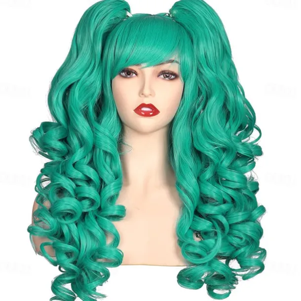 Color Ground Long Curly Cosplay Wig with 2 Ponytails Halloween Wigs