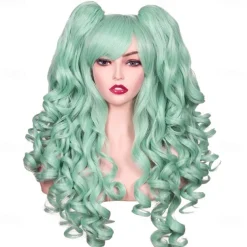 Color Ground Long Curly Cosplay Wig with 2 Ponytails Halloween Wigs