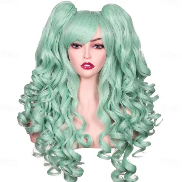 Color Ground Long Curly Cosplay Wig with 2 Ponytails Halloween Wigs