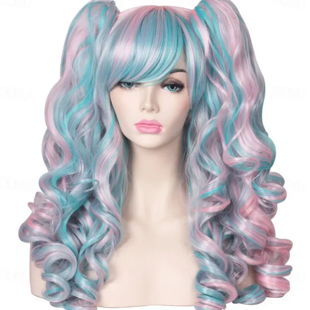 Color Ground Long Curly Cosplay Wig with 2 Ponytails Halloween Wigs