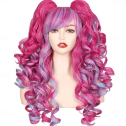 Color Ground Long Curly Cosplay Wig with 2 Ponytails Halloween Wigs