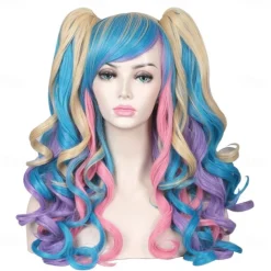 Color Ground Long Curly Cosplay Wig with 2 Ponytails Halloween Wigs