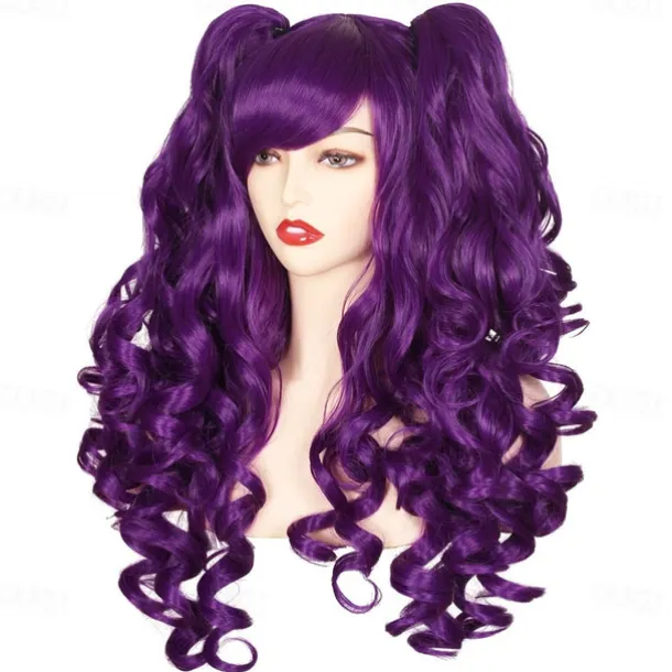 Color Ground Long Curly Cosplay Wig with 2 Ponytails Halloween Wigs