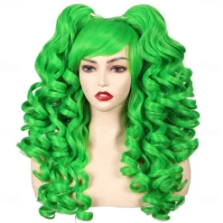 Color Ground Long Curly Cosplay Wig with 2 Ponytails Halloween Wigs