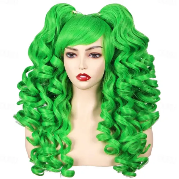 Color Ground Long Curly Cosplay Wig with 2 Ponytails Halloween Wigs