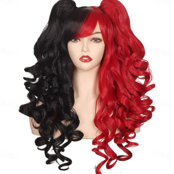 Color Ground Long Curly Cosplay Wig with 2 Ponytails Halloween Wigs